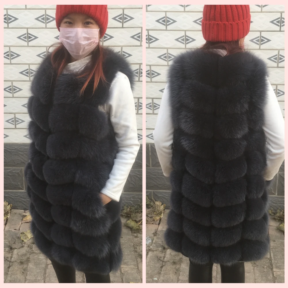 Women Natural Real Vulpes Fox Fur Vest 90 cm Long Gilet Winter Warm Waistcoat