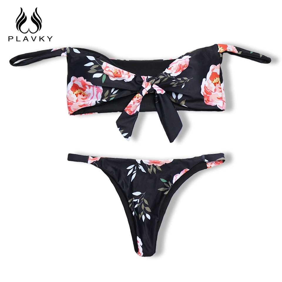 

2018 Vintage Sexy Black Floral Front Bow Knot Tie Off Shoulder Biquini Bathing Suit Swimsuit Swimwear Women Brazilian Bikini