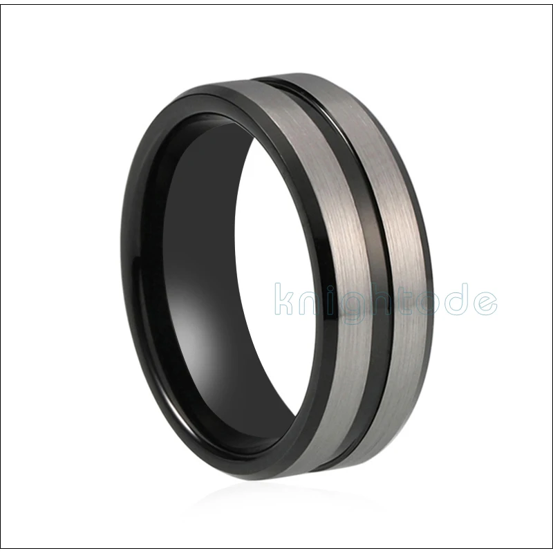 Мужское женское вольфрамовое обручальное кольцо с черным покрытием с выемкой в центре комфортного дизайна