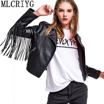 

2019 New Women Casual Motorcycle Faux Soft Pu Washed Leather Jackets Female Spring Tassel Short Black tops Coat Outwear LX123