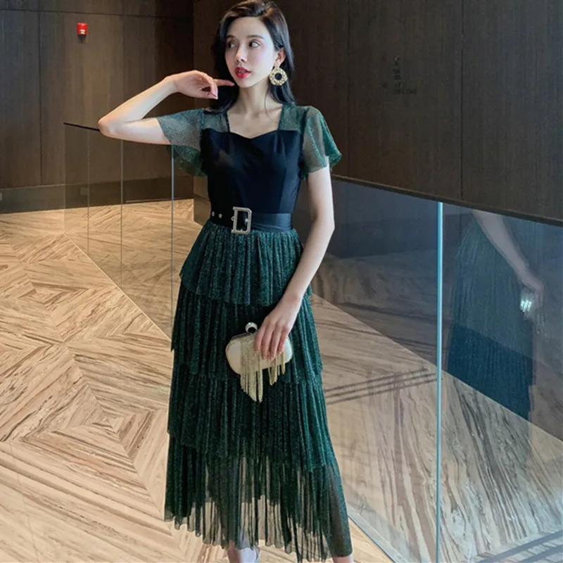 

Summer Elegant Sexy Party Lady High-end Dresses Short Sleeve Vacation Beach Dress Women Patchwork Gauze Cascading Ruffles Dress