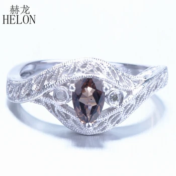 

HELON Solid 14K (585) White Gold Pear Cut 0.3ct Flawless Natural Smokey Quartz Engagement Diamonds Ring Vintage Antique Jewelry