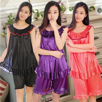 

Summer women's lounge two piece pajamas sets solid color chiffon silk sexy casual thin vest loose large sleepwear Large size