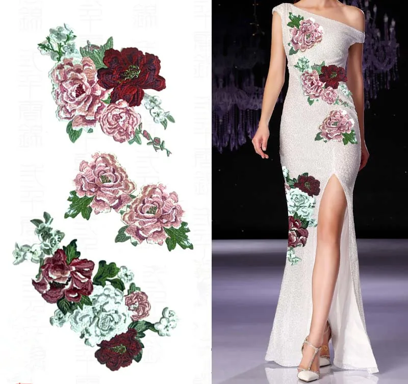 

Embroidered Peony Flower Patch Group Flower High Density Embroidery Flower Applique DIY badge patch accessories
