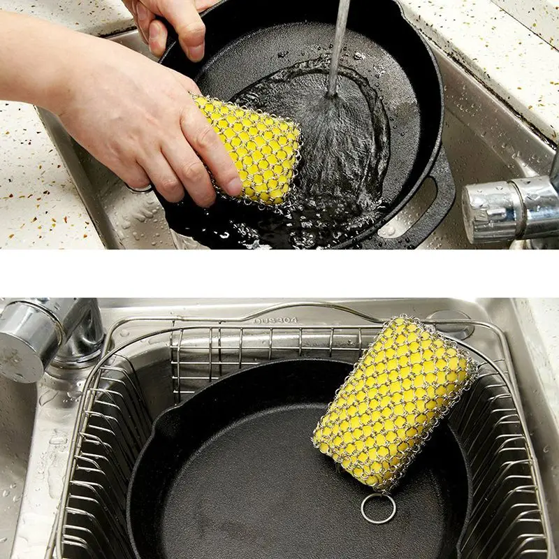 

Stainless Steel Cast Iron Cleaner With Sponge Kitchen Rust Pot Pans Cleaning Scrubber Rust Remover Scraper Brush Kitchen Clean