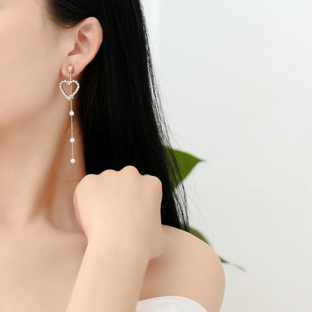 

Women's Long Luxury Tassel Heart Pearl Earring Korean Style Pendientes Brincos Personality Accessories Fashion Asymmetr Jewelry