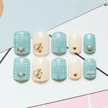 Fake Nails Light Green Natural Glitter Silver Cross Lines False Nail Tips Pearl Nails Decoration Manicure
