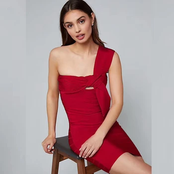 

2018 Newest Red Sleeveless Srtapless Bandage Dress Bow Sexy Women Summer One Shoulder Solid Bodycon Backless Party Cluwear