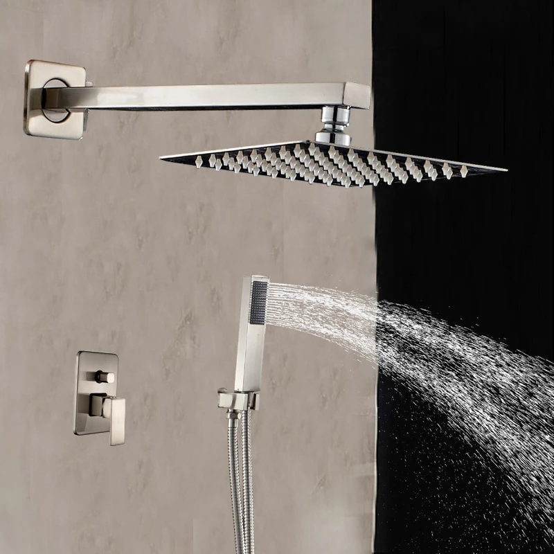 

Luxury Wall Mount Brushed Nickel Square Shower Faucet W/ Hand Shower Sprayer