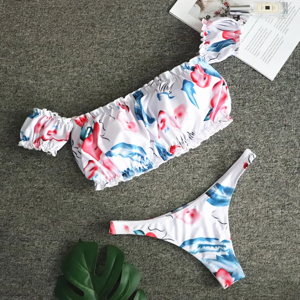 

Off shoulder pleated swimsuit female Brazil bikini print bathing suit women bathers High cut swimwear Bikini 2019