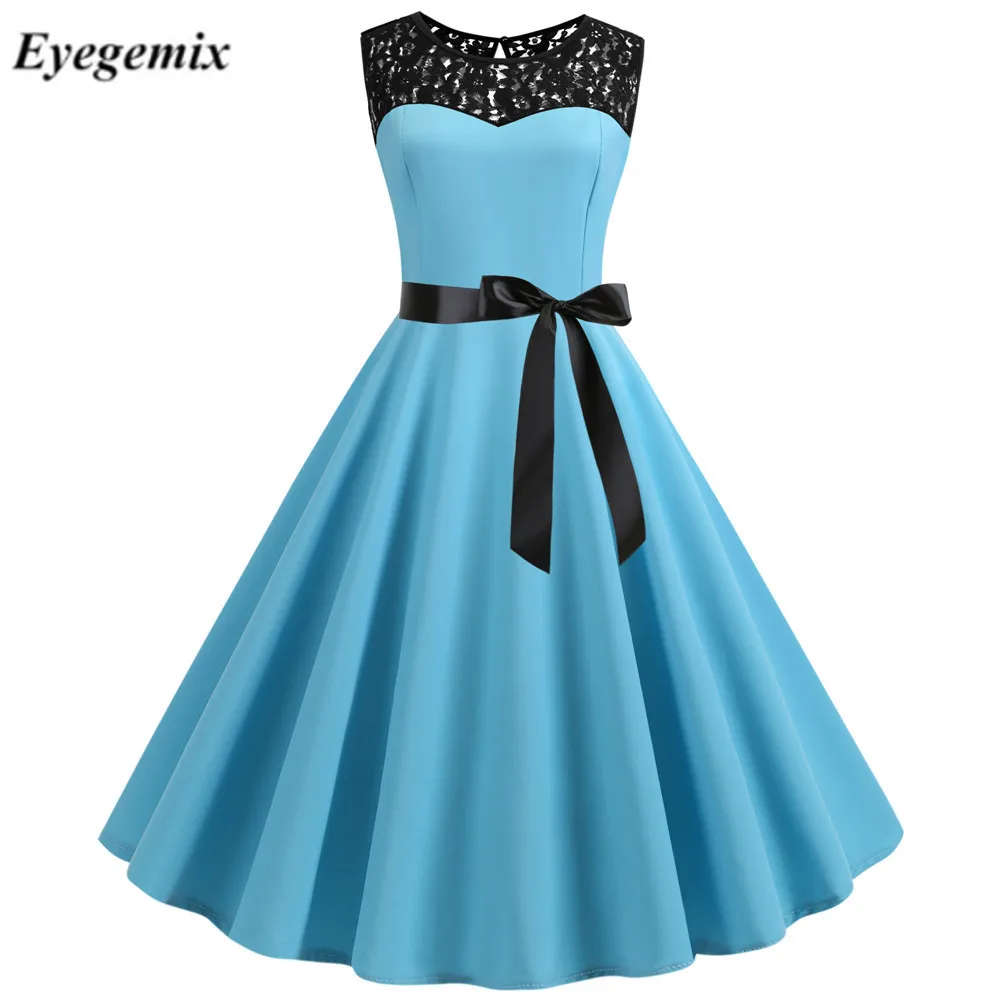 

Retro Solid Blue Summer Dress 50s 60s Gothic Pin Up Rockabilly Bodycon Dress Audrey Hepburn Vintage Lace Dress Plus Size Robe