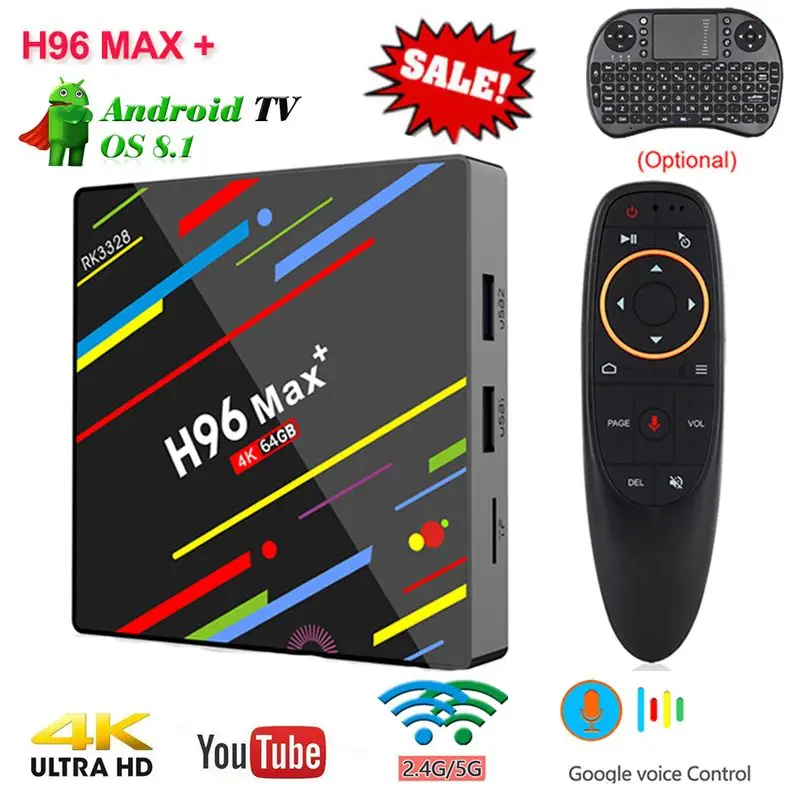H96 MaX плюс Android 8,1 Smart ТВ коробка commande речь 4 ГБ Оперативная память 64 ГБ Встроенная память H.265 RK3328 Quad-core 2,4 г/5,0 ГГц Wi-Fi HD телеприставке