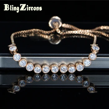 

BeaQueen Lovely Women Crown Shape Zircon Rose Gold Color Friendship Jewelry Round Cute Adjustable CZ Tennis Bracelet B060