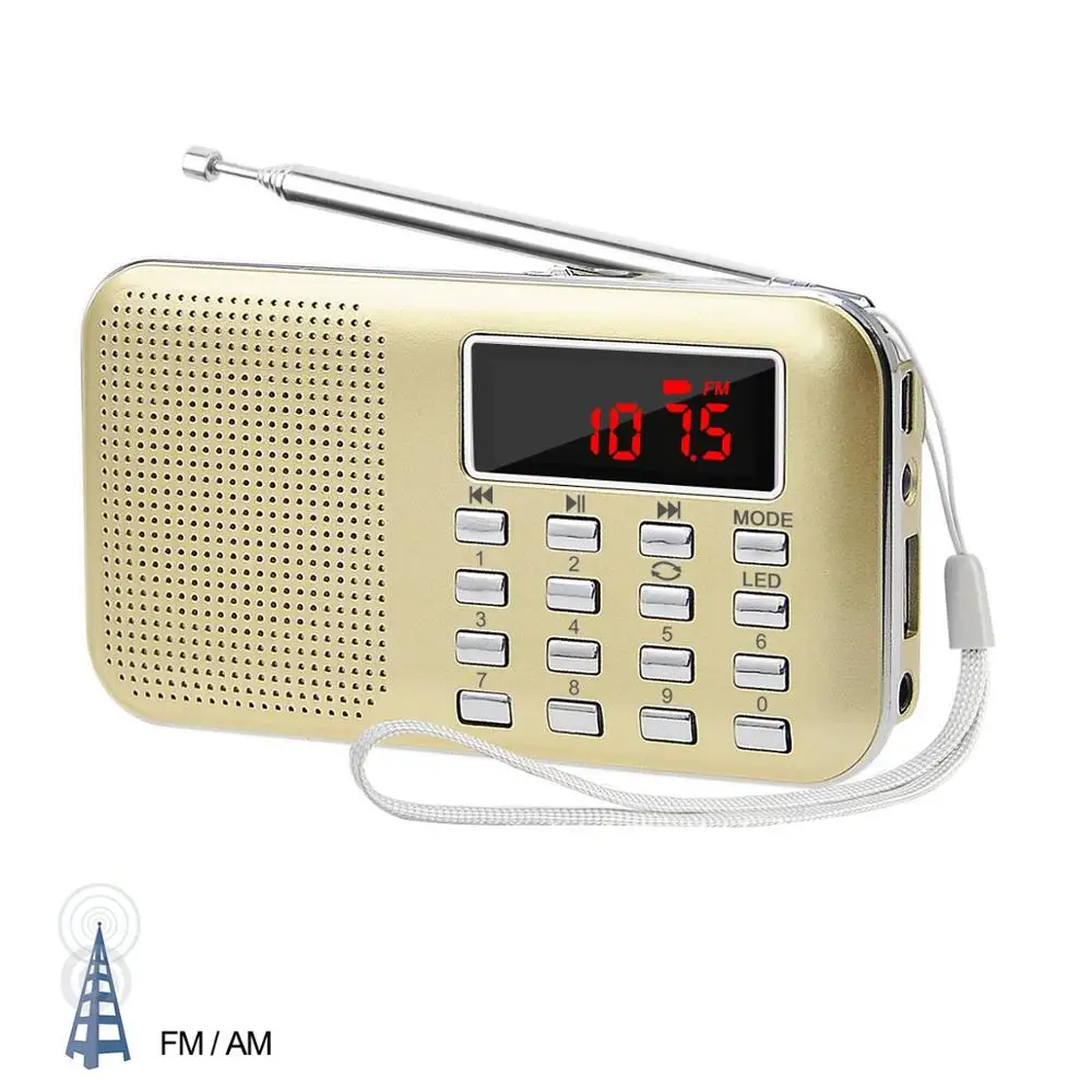 Lefon портативный стерео радио приемник AM FM MP3 музыкальный плеер Поддержка TF SD карты USB накопитель AUX светодиодный фонарик мини радио - Цвет: Golden