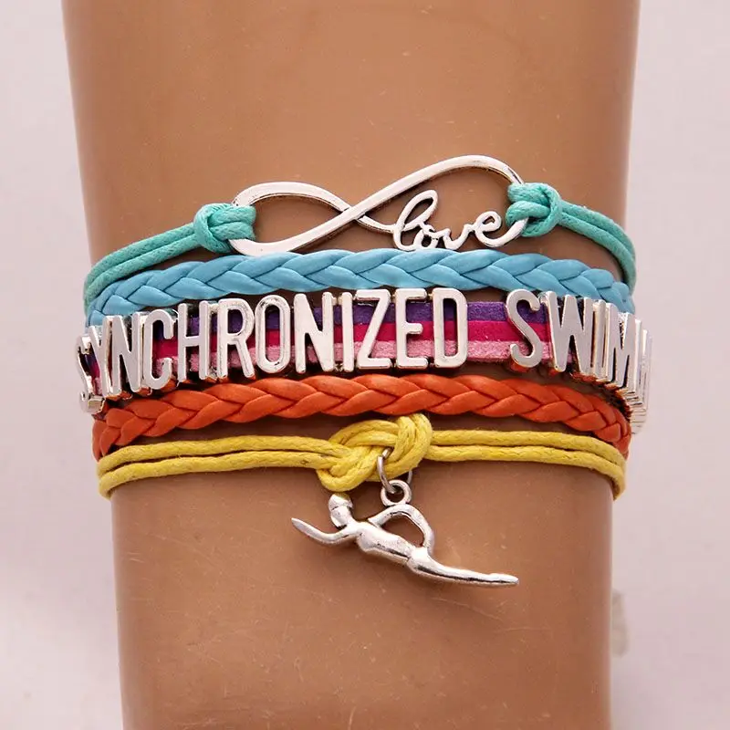 

(10pcs/lot) Infinity Love SYNCHRONIZED SWIMMING Swimmer Charm Leather Rope Bracelets Colors of Rainbow Jewelry For Women Men