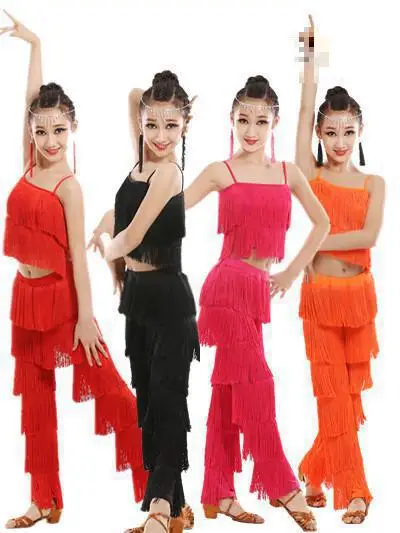 

New Tassel Latin Dancewear Costumes Girls Salsa Samba Ballroom Fringe Trousers Dance Tops Pants Adult Ballroom Dancing Suits