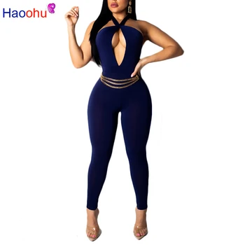 

Off The Shoulder Sexy Bandage Jumpsuit Women Pink Halter Front Hollow Out Skinny Bodysuit Summer Blue Backless One Piece Romper