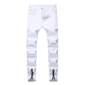 

Strech Men Jeans Pleated Denim Pants White Mens Clothing