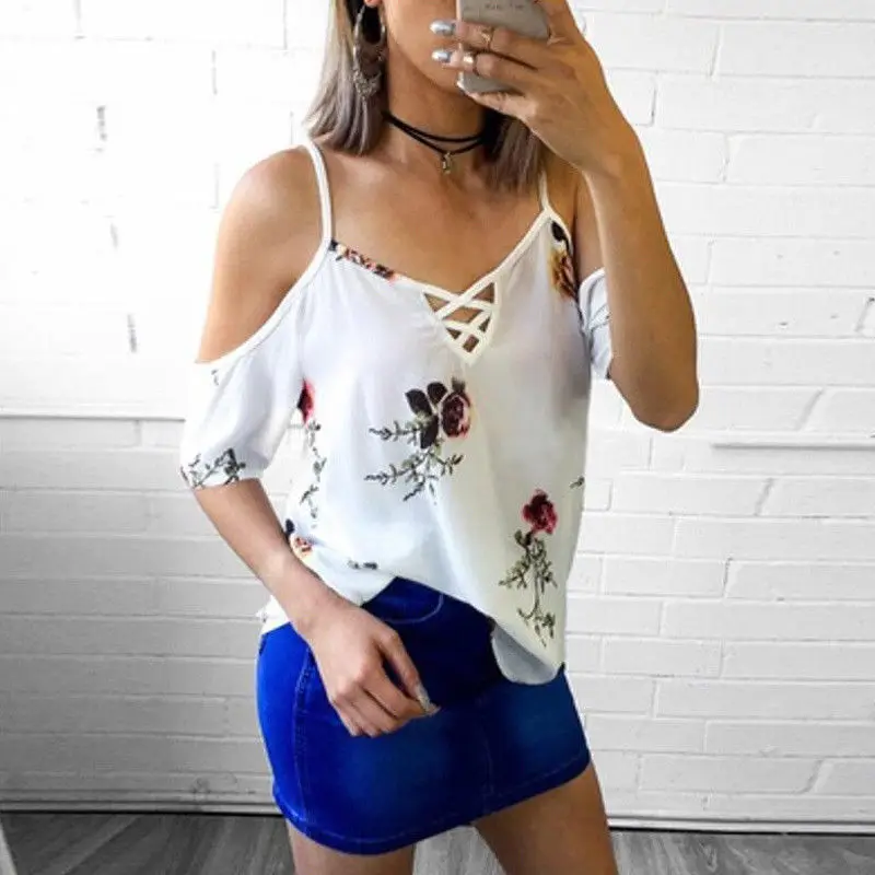 blouse womens Summer Short Sleeve Strappy Cold Shoulder