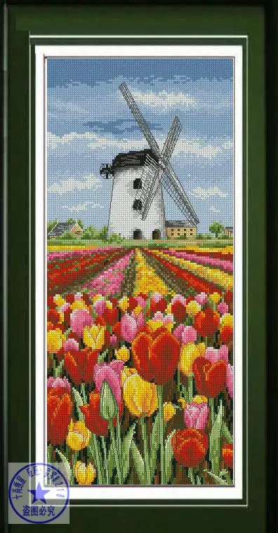 cs-2145 Cross Stitch Kit Tulip Field and Windmill Flowers anchor