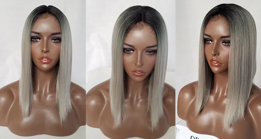 QD-Tizer Ombre Grey 2 Tones Synthetic Lace Front Wig Black Root Short Bob Hair Wigs for Women Heat Resistant Lace Wig5