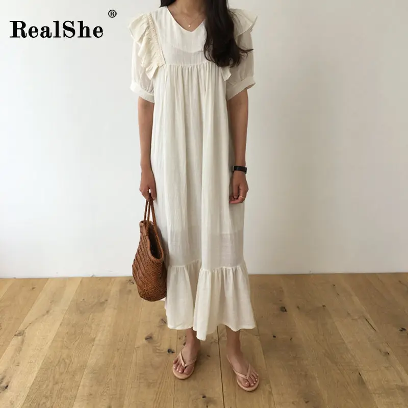 

RealShe Fashion Lady Solid Dresses Ladies V-Neck Half Sleeve Ruffles Loose Robe Dress Women Summer Elegant Casual Maxi Vestidos