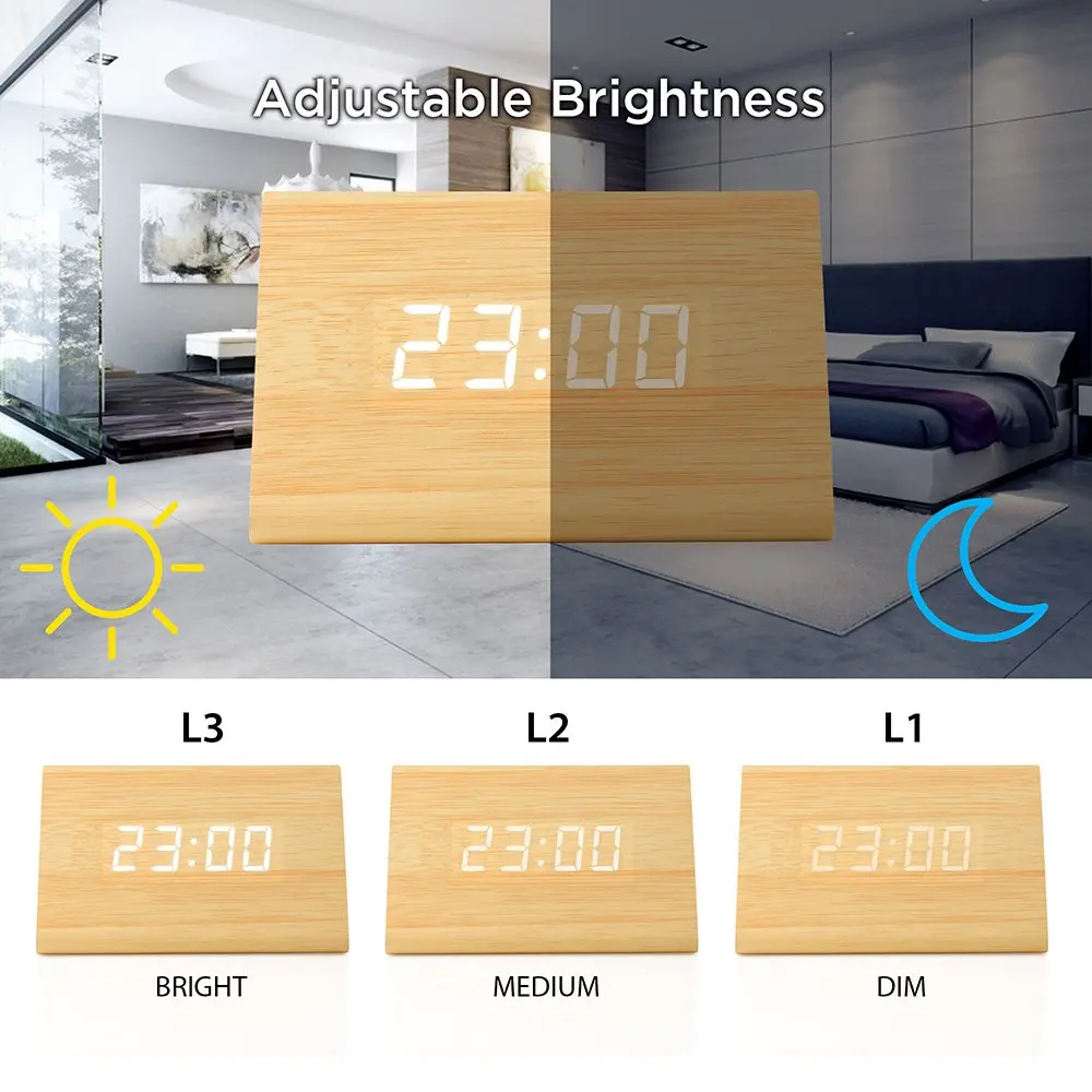

Bamboo Wood Clock Clock thermometer 2 in1 New Version LED Alarm Digital Desk Clock 3 Levels Adjustable Brightness for mother