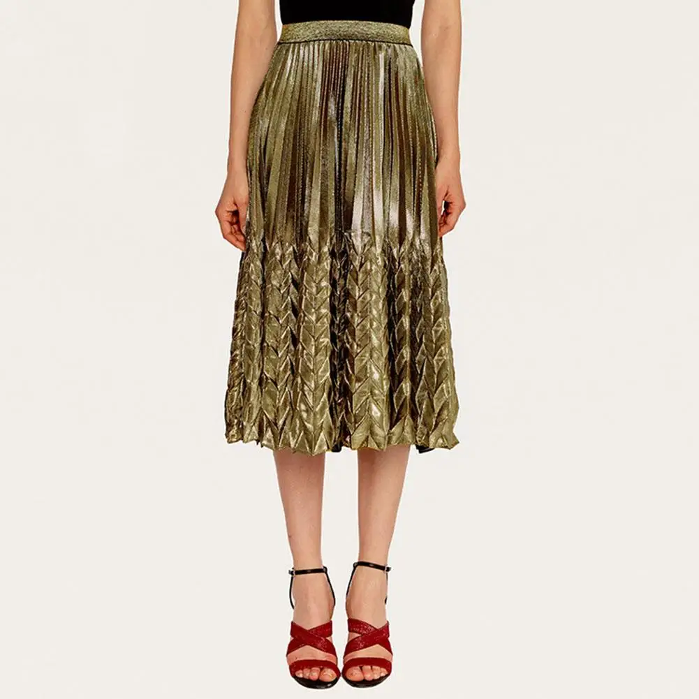 Модная женская плиссированная юбка миди цвета металлик с высокой талией и эластичной стрелкой