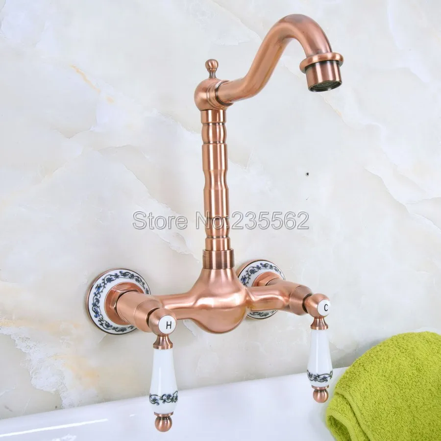 

Antique Red Copper Dual Ceramic Handle Kitchen Sink Faucet Swivel Spout Basin Mixer Tap Wall Mounted Kitchen Faucets lnf954