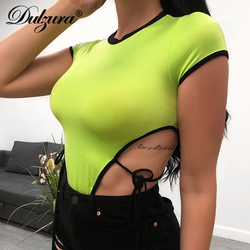 

Dulzura 2019 summer women bodysuit patchwork bandage hollow out one piece rompers ladies streetwear festival party body elegant