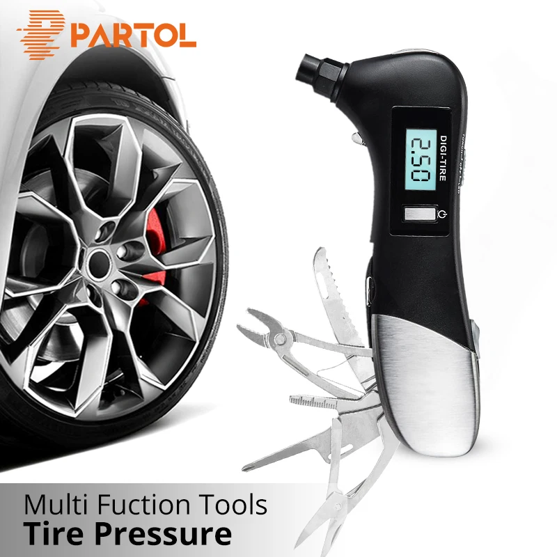 

Partol 9 in 1 Digital Tire Pressure Alarm Gauge Multifunctional Tyre Pressure Sensor Tpms Systems w LED Flashlight Car Hammer