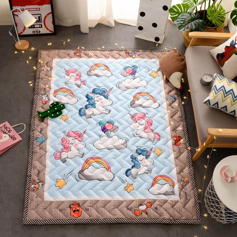TREENDPOOL Premium Quilted Cotton Baby Play Mat Cute Cartoon Unicorn Pattern Children Rug Animal Thickening Carpet Baby Creeping
