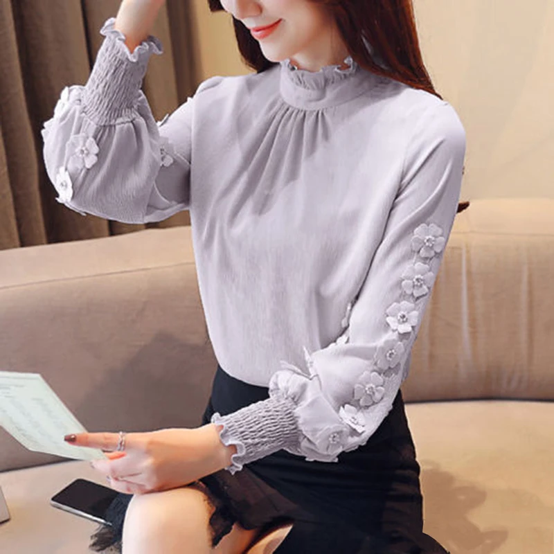 

Women Flower Insert Shirt Lapel Equipment Top Blouse Autumn Long Lantern Sleeve Blouse Pink Grey