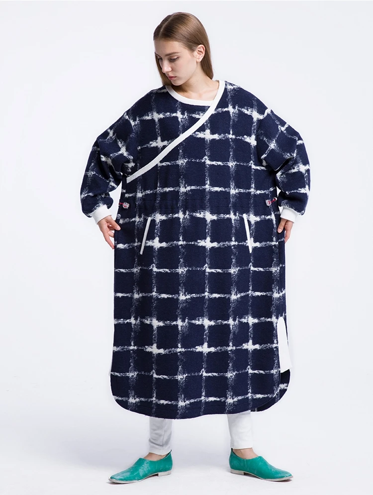 Lâche Laine Nouvelle 2016 Automne Casual Ch220 Originale Longues Bleu Manches Maxi Arrivée Taille Conception Femmes Robe Plaid La Plus Réglable FYYgqB6