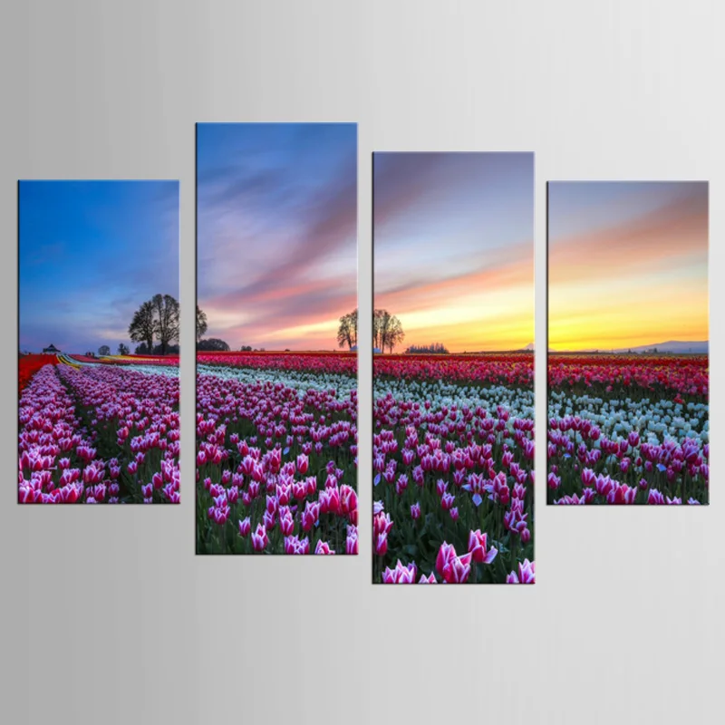 4 Pieces Pastoral Tulip Flowers Large Wall Art Picture Home Decoration Living Room Canvas Print Printing On | Дом и сад