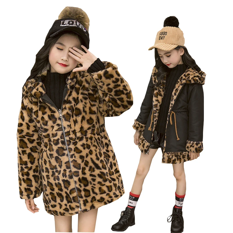 

Girls Winter Coats for Kids Outerwear Jacket Leopard Teenage for Girls Jackets Double-sided Wear Thick Children Clothing Costume