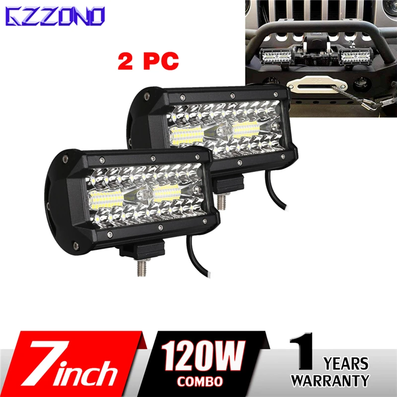 2pcs 7&quot Inch Car Light 120W Auto LED Bar 12V24V Triple Row Combo Beam Work For Truck SUV ATV 4x4 Offroad | Автомобили и