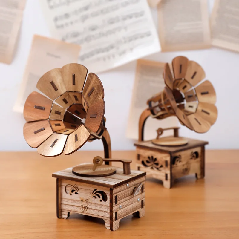 

Wood Assembled Music Boxes, Music is for Alise, Retro Mini Gramophone Shape Table Decoration, Hand Cranked Birthday Gift