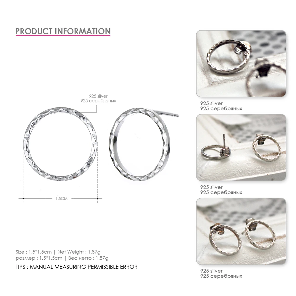 e-Manco Round Circle Silver Stud Earrings 925 Sterling Silver Earring for Women Classic Minimalist Fine Jewelry Girls