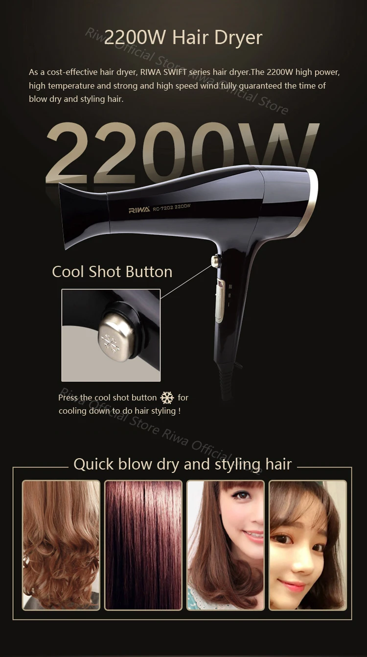 Lidar com Secador de Cabelo Secador de Cabelo Máquina de Sopro w de Alta Riwa Peso Leve Potência Difusor Styling Estilor Ferramenta Cabelo Baixo Ruído Rc-7202 2200 10 Cheap Secadores de cabelo