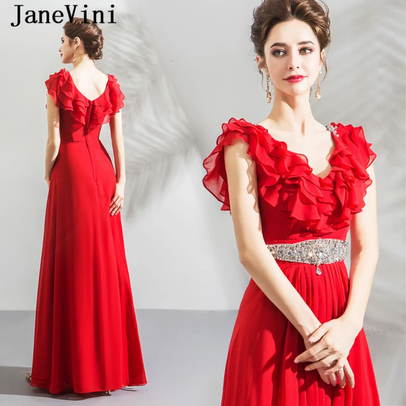 JaneVini Vestidos A Line Mother of Bride Dress V Neck Tiered Ruffles Sequined Crystal Red Chiffon Evening Party Gowns for Women | Свадьбы и