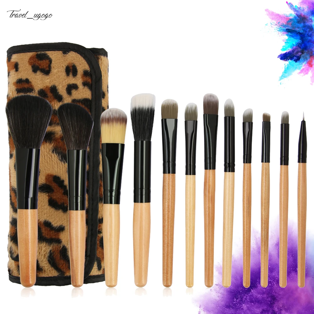 

Dropshipping 2018 Leopard 12 Pcs Wooden Makeup Brush Kit Brush Sets With Bag