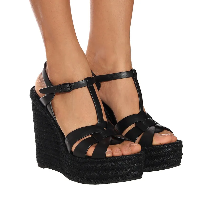 

Summer New 2019 Tribute Wedges Sandals Espadrilles Women Shoes Genuine Leather Peep Toe T-strap High Heels Platform Shoes