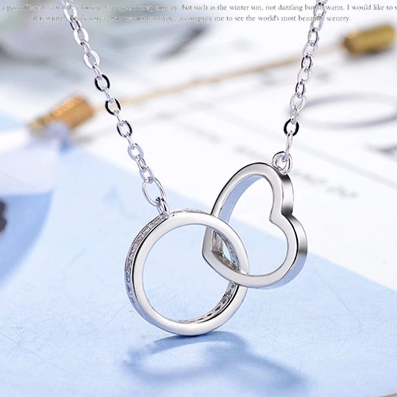 

Fashion S925 Sterling Silver Round And Heart Circle CZ Zirconia Pendants Necklaces For Women Gift kolye choker Chain collares