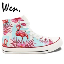 Wen Hand Painted Skateboarding Shoes Design Fluorescent Pink Flamingos Palm Leaves Flowers High Top Canvas Sneakers Unique Gifts