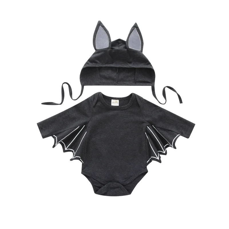 Baby's Romper Toddler Newborn Baby Boys Girls Halloween Cosplay Costume Romper+Hat 2 pieces Outfits Batwing Sleeve Baby Clothing - Color: Dark grey