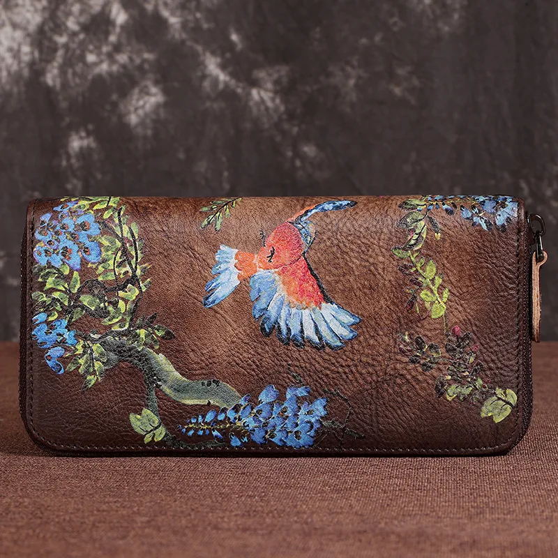 SOUTH GOOSE Genuine Leather Women Wallet Luxury Long Purse Birds Embossing Clutch Bag High Quality Female Card Holder Phone Bag