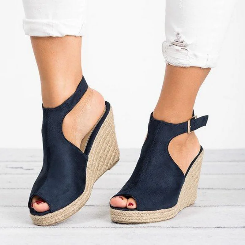 

Ladies Fashion High Heel Shoes Women Sandals Casual Linen Canvas Wedge Platform Buckle Ankle Strap Buckle Wedges Sandals