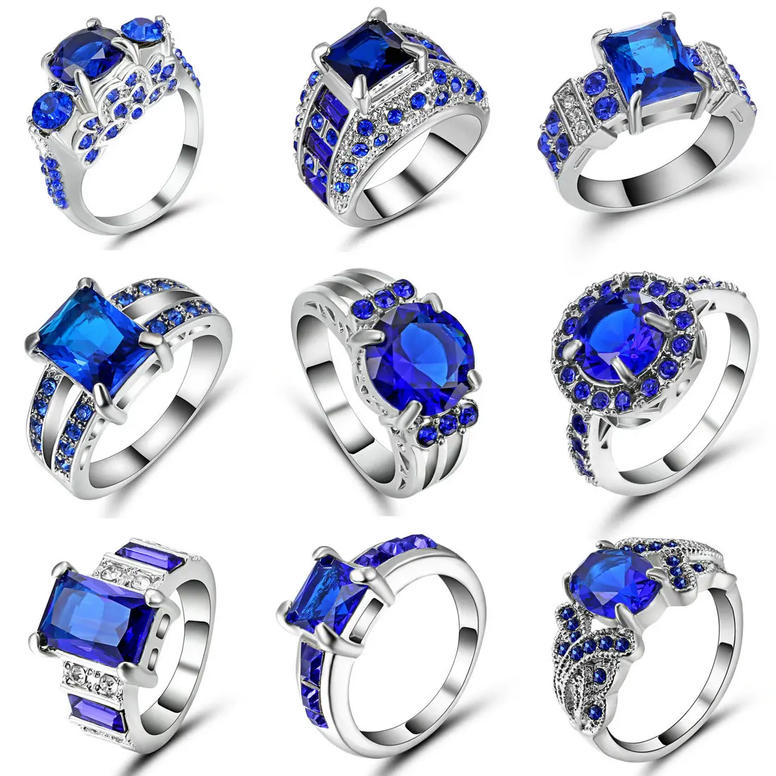 

Silver Color Luxury Blue Crystals Bijoux Fashion Cocktail Party Women Rings Cubic Zirconia As Chirstmas Gift Size 6