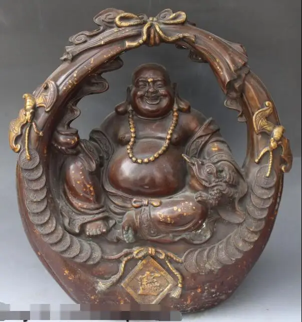 

S4304 16" Chinese Bronze Gilt Wealth Happy Laugh Maitreya Buddha Golden Toad Statue